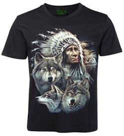 Herren Damen T-Shirt Wolf Indianer Häuptling Wölfe Shirt Schwarz Größe L von Blackshirt Company