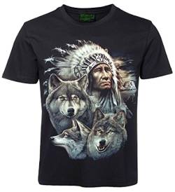 Herren Damen T-Shirt Wolf Indianer Häuptling Wölfe Shirt Schwarz Größe M von Blackshirt Company