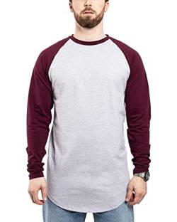 Blackskies Baseball Longsleeve T-Shirt | Langes Oversize Fashion Basic Langarm Raglan Herren Longshirt Long Tee Melliert - Grau-Burgundy Large L von Blackskies