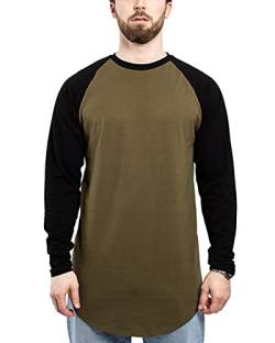 Blackskies Baseball Longsleeve T-Shirt | Langes Oversize Fashion Basic Langarm Raglan Herren Longshirt Long Tee Melliert - Olive-Schwarz Large L von Blackskies