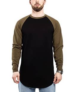 Blackskies Baseball Longsleeve T-Shirt | Langes Oversize Fashion Basic Langarm Raglan Herren Longshirt Long Tee Melliert - Schwarz-Olive Large L von Blackskies