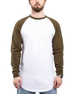 Blackskies Baseball Longsleeve T-Shirt | Langes Oversize Fashion Basic Langarm Raglan Herren Longshirt Long Tee Melliert - Weiß-Olive Medium M von Blackskies