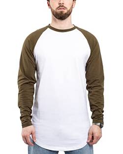 Blackskies Baseball Longsleeve T-Shirt | Langes Oversize Fashion Basic Langarm Raglan Herren Longshirt Long Tee Melliert - Weiß-Olive X-Large XL von Blackskies