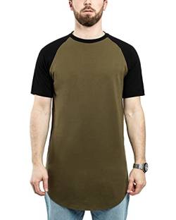 Blackskies Round Basic Baseball Longshirt | Langes Oversize Fashion Kurzarm Herren T-Shirt Raglan Ärmel Long Tee - Olive-Schwarz X-Large XL von Blackskies