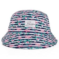Blackskies Tropical Flamingo Bucket Hat | Unisex Sonnenhut Fischerhut Floral Urlaub Sommer Weiß-Blau Gestreift von Blackskies