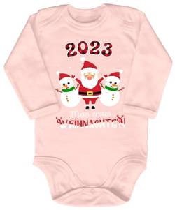 Blauer-Storch Baby Body in Apricot 2023 Mein erstes Weihnachten, Weihnachtsmann mit Schneemännern Geschenk zu Weihnachten, Nikolaus für Kleinkind Langarm Bio Baumwolle von Blauer-Storch