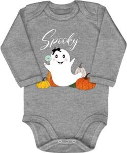 Blauer-Storch Baby Body in Grau meliert Spooky, Halloween Gespenst Spruch Geschenk zur Geburt zum Geburtstag für Kleinkind Langarm Bio Baumwolle von Blauer-Storch