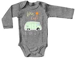 Blauer-Storch Baby Body in Heather Grey Van Life, Campingplatz, Home is where we park it Geschenk für kleine Camper Langarm Bio Baumwolle von Blauer-Storch