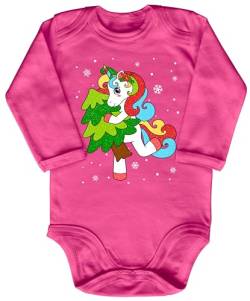 Blauer-Storch Baby Body in Pink Weihnachtliches Glitzer Einhorn, Weihnachts-Unicorn tanzt mit Tannenbaum Geschenk zu Weihnachten, Nikolaus für Kleinkind Langarm Bio Baumwolle von Blauer-Storch