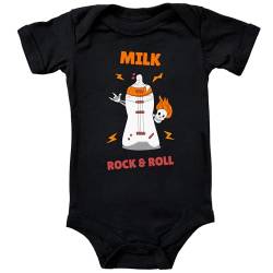 Blauer-Storch Baby Body in Schwarz Milk und Rock & Roll, Milchflasche im rockigen Gitarrendesign Geschenk zur Geburt für kleine Rocker für Kleinkind Kurzarm Bio Baumwolle von Blauer-Storch