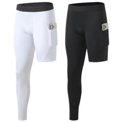 Blaward 2er-Pack Herren-Kompressionshosen, einbeinig, enganliegend, lange Sporthose mit Taschen für Basketball, Baselayer-Leggings, Schwarz + Weiß + rechts lang, X-Groß von Blaward