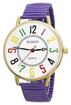 Blekon Original Damen-Armbanduhr, sehr groß, 43 mm, weißes Zifferblatt, Edelstahl, Stretch-Armbanduhr, robust, stilvoll und langlebig, Analoganzeige, violett, Analoge Quarz-Uhrwerk von Blekon