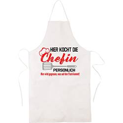 Blickfang Lustige Küchenschürze für Frauen| HIER KOCHT DIE CHEFIN | Kochschürze, Latzschürze, Grillschürze, Partyschürze | Geschnek, Geburtstag, Schurz (Weiss.), 65 x 99 cm von Blickfang