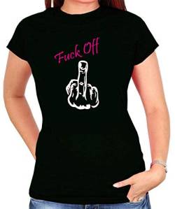 Fuck Off, Stinkefinger, Mittelfinger |Sprücheshirt, Funshirt, Partyshirt, Malleshirt, Festival Shirt | Damen T-Shirt | Mallorca, Urlaub, Party | Girly Shirt |Gr.XS-3XL (XL, Schwarz) von Blickfang