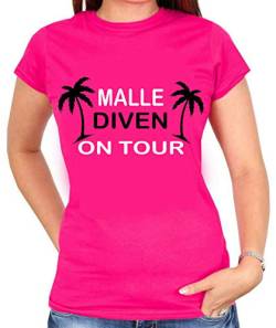 Malle Diven|Sprücheshirt, Funshirt, Partyshirt, Malleshirt, Festival Shirt | Damen T-Shirt | JGA, Junggesellinnenabschied | Mallorca, Urlaub, Party | Girly Shirt |Gr.XS-3XL (3XL, Pink) von Blickfang