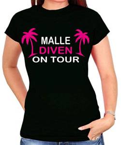 Malle Diven|Sprücheshirt, Funshirt, Partyshirt, Malleshirt, Festival Shirt | Damen T-Shirt | JGA, Junggesellinnenabschied | Mallorca, Urlaub, Party | Girly Shirt |Gr.XS-3XL (L, Schwarz) von Blickfang