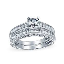 1.25Ct Vintage Stil Milgrain Simulierten Blauen Saphir Abwechselnd Drei Stein Prinzessin Solitär Aaa Cz Jahrestag Verlobung Oder Hochzeit Ring-Set Für Frauen .925 Sterling Silber von Bling Jewelry