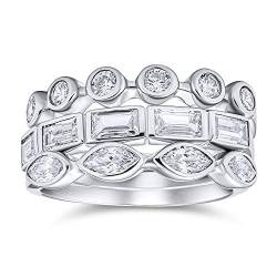 3 Set Geometrische Cubic Zirconia Baguette Marquise Runde Cz Stackable Hochzeit Band Ring Set Für Frauen .925 Sterling Silber von Bling Jewelry