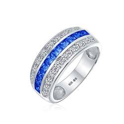 Art Deco Blau Simuliert Saphir Aaa Cubic Zirconia Halb Eternity Kanal Set Princess Cut Cz Dome 3 Row Wide Statement Hochzeit Band Ring Für Frauen .925 Sterling Silber Kompfort Fit 8Mm von Bling Jewelry