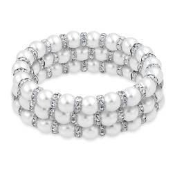 Bling Jewelry Set Aus 3 Weißen Simulierten Perlen Stapelbare Strang Stretch Armbänder Für Frauen Weiße Kristall Rondelle Zwischenperlen Versilbertes Messing von Bling Jewelry