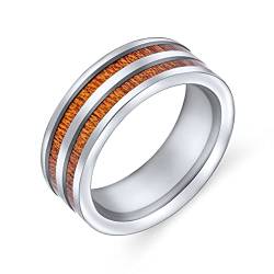 Bling Jewelry Zweireihige Breite Streifen Aus Braunem Koa-Holz Mit Intarsien Titan Eheringe Für Männer Für Frauen Silberton Mit Komfortpassung 8Mm von Bling Jewelry