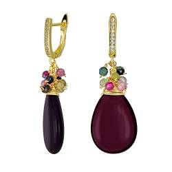 Boho Fashion Multi Color Crystal Bead Accent Wire Warp Gemstone Pear Shape Reddish Purple Carnelian Teardrop Drop Earrings For Women 14K Yellow Gold Plated Secure Snap Back Hinge von Bling Jewelry