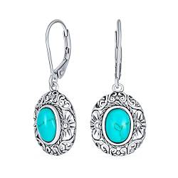 Boho Western Stil Floral Scroll Milgrain Semi Wertvoll Blue Turquoise Dome Oval Baumelnd Drops Ohrringe Für Frauen Lever Back Oxidiert .925 Sterling Silber von Bling Jewelry