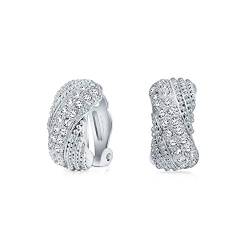 Bräutigam Abschlussball Criss Cross Twisted Row Pave Crystal Dome Halb Hoop Clip On Earrings Non Pierced Ears Silver Vergoldet Messing von Bling Jewelry