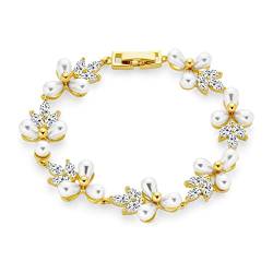 Braut Hochzeit Multi Blumen CZ Blatt Echte Weiße Süßwasser-Zuchtperle Armband Für Frauen 18K Gold Plattiert 7 Zoll von Bling Jewelry