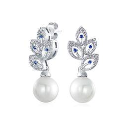 Braut Vintage-Stil Blau CZ Statement Mode Blatt Weiße Simulierte Perle Ohrringe Für Frauen Für Den Abschlussball Versilbert von Bling Jewelry