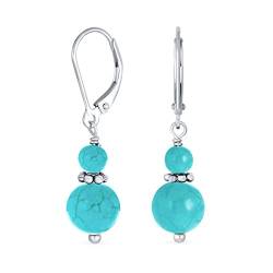 Edelstein Natürlicher Blauer Türkis Boho Bali Milgrain Edged Beaded Rondel Separator Double Ball Round Drop Dangle Earrings For Women Teen .925 Sterling Silver Lever Back von Bling Jewelry