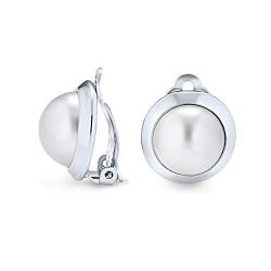 Einfache Taste Stil Runde Kuppel Lünette Weiß Simuliert Perle Clip Auf Ohrringe Für Frauen Nicht Durchbohrt Ohr Silber Plattiert Messing von Bling Jewelry