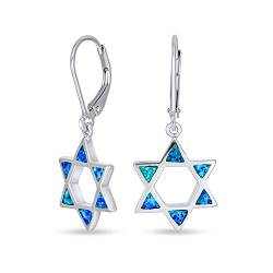 Erstellte Blaue Opal Religiöse Judaica Magen Hanukkah Stern Von David Leverback Hängeohrringe Für Frauen, Teenager Und Bat Mitzvah 925 Sterlingsilber von Bling Jewelry