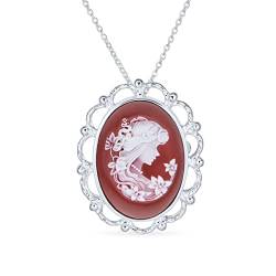 Große Klassische Antike Vintage-Stil Terrakotta Rot Weiß Geschnitzt Oval Umrahmt Viktorianischen Dame Porträt Cameo Anhänger & Brosche Halskette Für Frauen .925 Sterlingsilber von Bling Jewelry