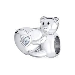 Valentine Heart Stuffed Animal Teddy Bear CZ Accent Charm Bead Für Frauen Tween Daughter .925 Sterlingsilber Fits European Bracelet von Bling Jewelry