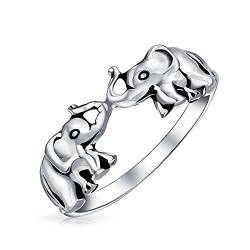 Viel Glück Trunk Up Zoo Tier Zwei Elefanten Ring Für Frauen Für Teenager Oxidiert .925 Sterling Silber von Bling Jewelry