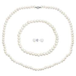 Weiße Handgeknüpfte Süßwasser-Zuchtperlen-Strang-Halskette 18" Stretch-Armband Kugel-Ohrringe 6Mm 3Pcs-Schmuck-Set Für Frauen von Bling Jewelry