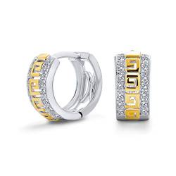 Zweifarbig Griechischer Schlüssel Ausschnitt Huggie Hoop Ohrringe Für Frauen Für Männer Cubic Zirconia Cz 14K Gold Vergoldet .925 Sterling Silber von Bling Jewelry