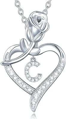 Bling Queen Damen-Halskette mit Anhänger Silber Initiale Zirkonia Blume Herz, One Size, Metall, Zirkonia von Bling Queen