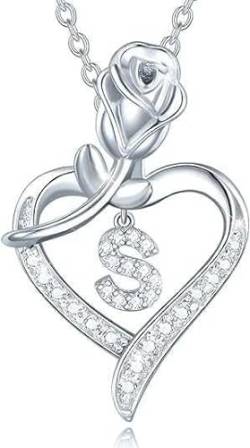 Bling Queen Damen-Halskette mit Anhänger Silber Initiale Zirkonia Blume Herz, One Size, Metall, Zirkonia von Bling Queen
