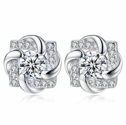 Bling Queen Damen Versilberte Wirbel Ohrstecker mit Zirkonia Rose Blume Ohrring Floral Ohrstecker Zirkonia Ohrstecker Pushback Ohrstecker Mode Ohrringe für Frauen Trendy, One Size, Metall, Zirkonia von Bling Queen