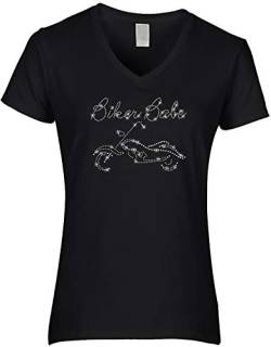 BlingelingShirts Damen Fun Shirt Biker Sprüche Biker Babe Schriftzug mit Motorrad Bike kristall Glitzer Bikerin Strass. schwarz. Gr. 2XL PR von BlingelingShirts