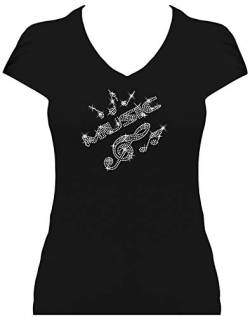 BlingelingShirts Damen Fun Shirt Strass Schriftzug Music kristall mit Noten und Notenschlüssel. schwarz. Gr. S von BlingelingShirts