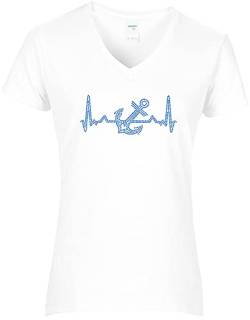 BlingelingShirts Damen Shirt Anker auf Herzlinie blau Anchor Heartbeat Herzschlag Strass Shirt V-Neck. Gr. XL PR weiß von BlingelingShirts