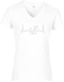 BlingelingShirts Damen Shirt Anker auf Herzlinie kristall Anchor Heartbeat Herzschlag Strass Shirt V-Neck. Gr. M PR weiß von BlingelingShirts