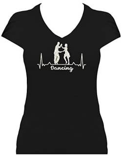 BlingelingShirts Elegantes Glitzer Shirt Damen Dancing mit Herz Herzschlag Heartbeat Tanzpaar. Shirt schwarz. Silber Glitzer GL M von BlingelingShirts