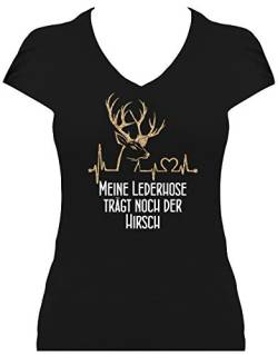 BlingelingShirts Glitzer Shirt Oktoberfest Damen Hirsch mit Herzschlag Meine Lederhose trägt noch der Hirsch. T-Shirt schwarz. Grösse XXL. Druck Weiss und n-Gold GL von BlingelingShirts