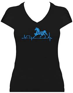 BlingelingShirts Glitzer Shirt Pferd Damen Love Horses Herzschlag EGK mit Herz. T-Shirt schwarz. Grösse XL. Druck blau GL von BlingelingShirts