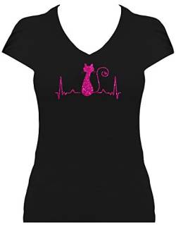 BlingelingShirts Shirt Damen Glitzer Katze Heartbeat Kater mit Herz Herzschlag Cat. T-Shirt. Grösse M. schwarz Druck pink GL von BlingelingShirts