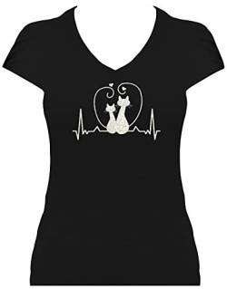 BlingelingShirts Shirt Damen Silber Glitzer Katzen mit Herz Heartbeat Herzschlag Love Cats Katze. T-Shirt. Grösse M. schwarz Druck Silber GL von BlingelingShirts